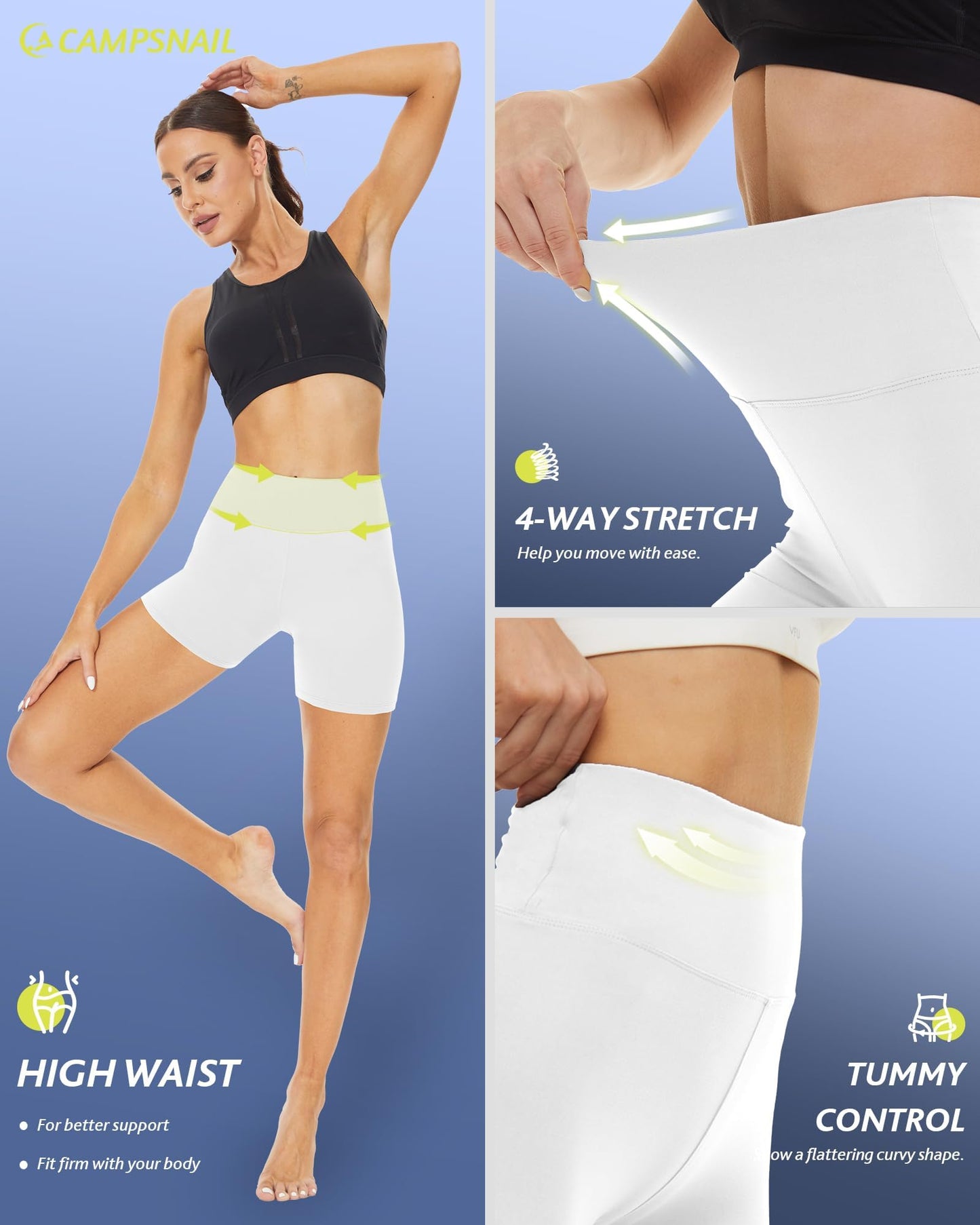 CAMPSNAIL Workout Biker Shorts Women - 3"/5"/8" High Waisted Tummy Control Spandex Booty Volleyball Shorts for Yoga Dance White