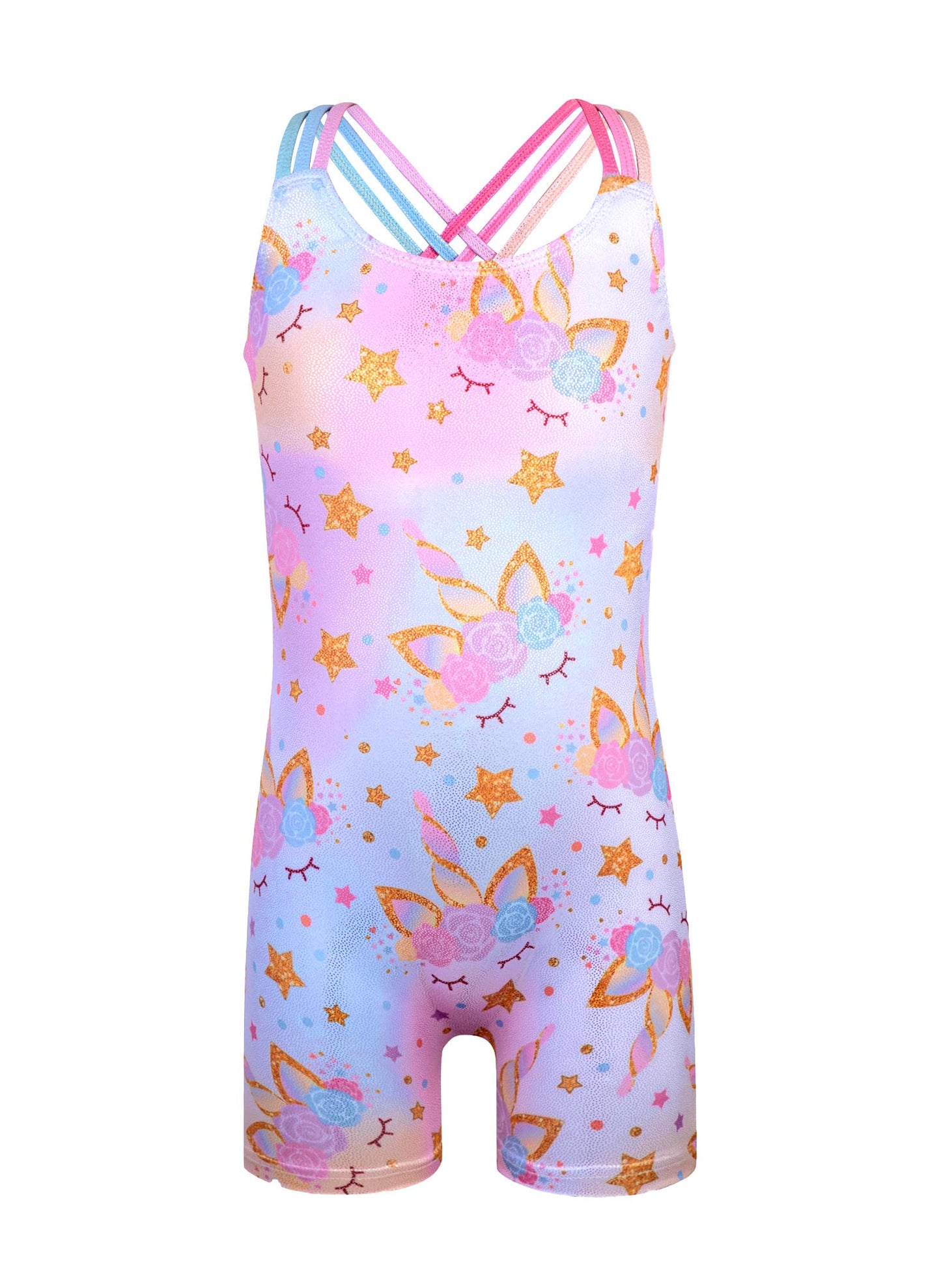 HOZIY leotards for girls gymnastics size 8-10 years gold glitter unicorn rainbow crisscross strap Tumbling Outfits Biketard Practice Sparkly ropa de gimnasia para niñas