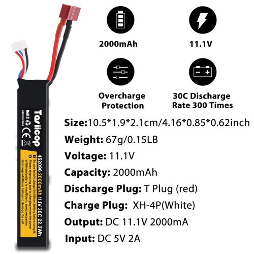 Tosiicop 11.1V Airsoft Battery 2000mAh - Lipo Batteries 30C & XH-4P Connector with T Plug to Mini Tamiya Conversion Cable Rechargeable USB Charger for Airsoft Model Rifle Gel Blaster Accessories