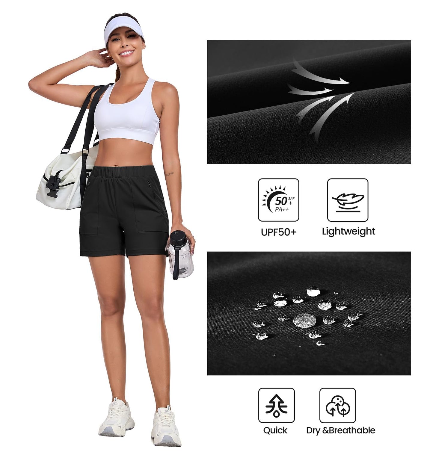 Nomolen Womens 5'' Hiking Athletic Shorts Quick Dry Lightweight Golf Casual Summer Shorts with Zipper Pockets Black L