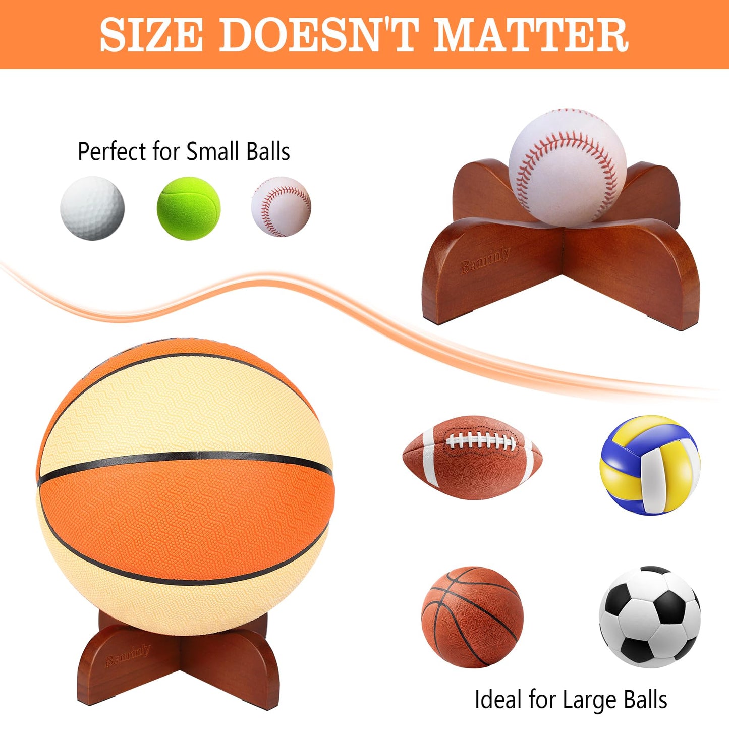 Banrinly 2-Pack Wooden Ball Display Stand - Solid Wood Sports Ball Holder for Football, Basketball, Rugby, Soccer, Volleyball Memorabilia - Premium Ball Display Case Base