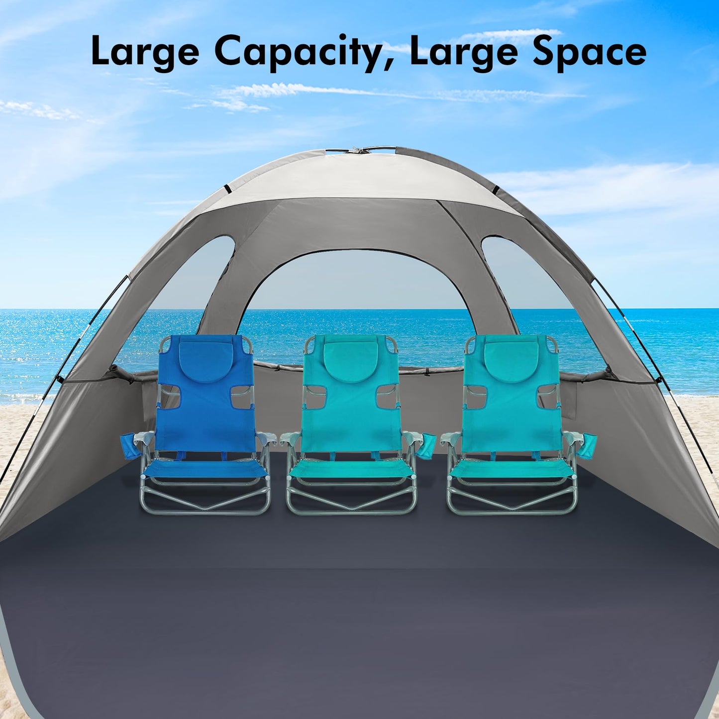 WhiteFang Beach Tent Anti-UV Portable Sun Shade Shelter for 8 Person, Extendable Floor with 3 Ventilating Mesh Windows Plus Carrying Bag, Stakes and Guy Lines (Baby's Breath)