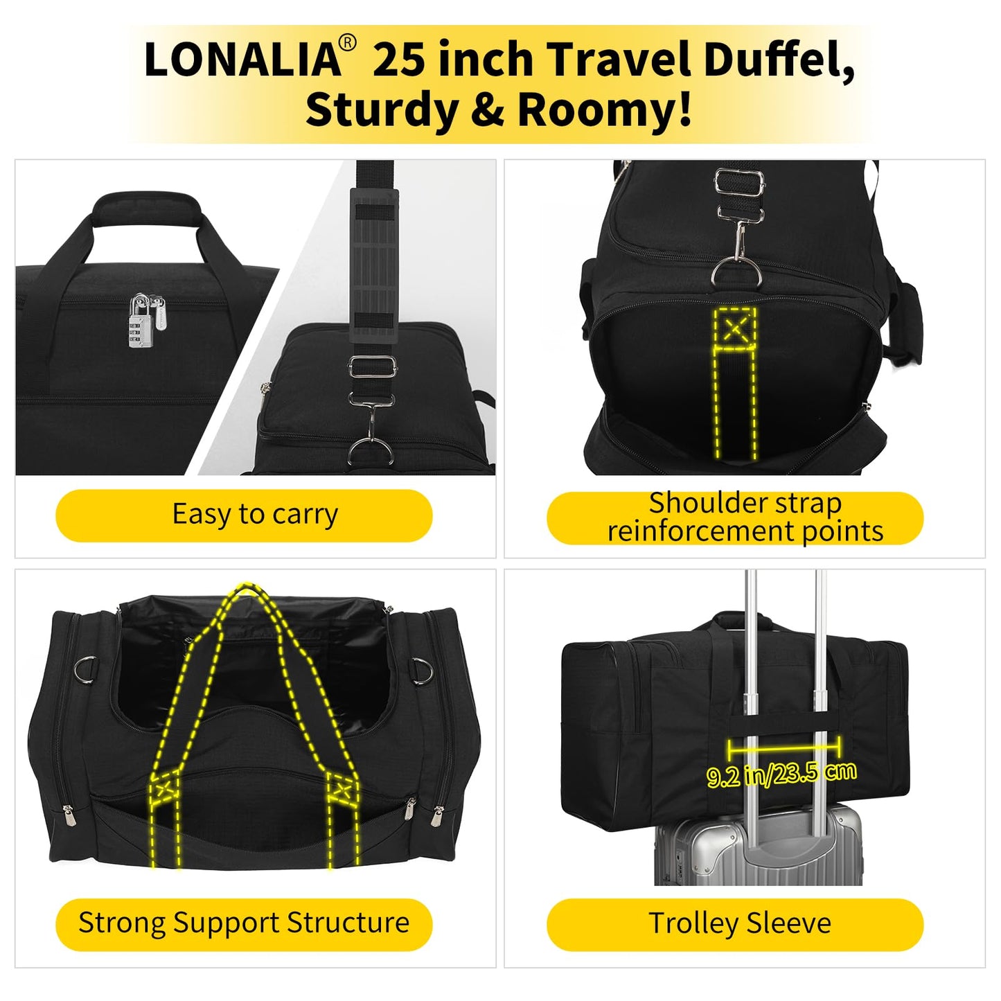 LONALIA 25 in Large Travel Duffel Bag for Men - 56L Roomy Weekender Bag with Trolley Sleeve (Black)