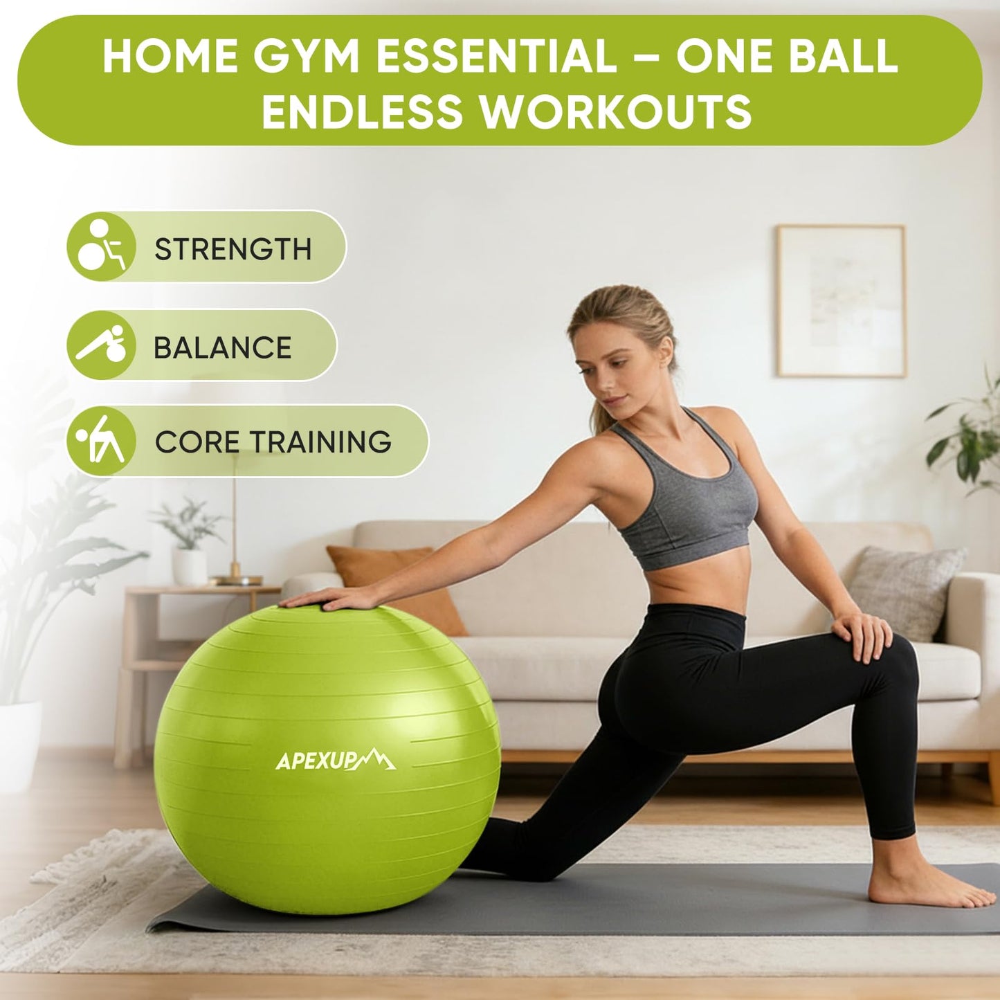 APEXUP Yoga Ball, 660 lbs Anti-Burst Exercise Ball with Pump, 5 Sizes (XXL(31"~34") 85cm, Green)