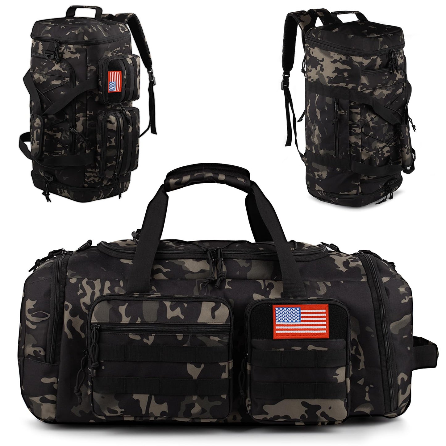 Tactical Gym Bag for Men，70L Large 3 in 1 Sports Duffle Bag with Shoes Compartment for Travel,Water Resistant Travel Backpack Weekender Overnight Bag with Wet Pocket for Women