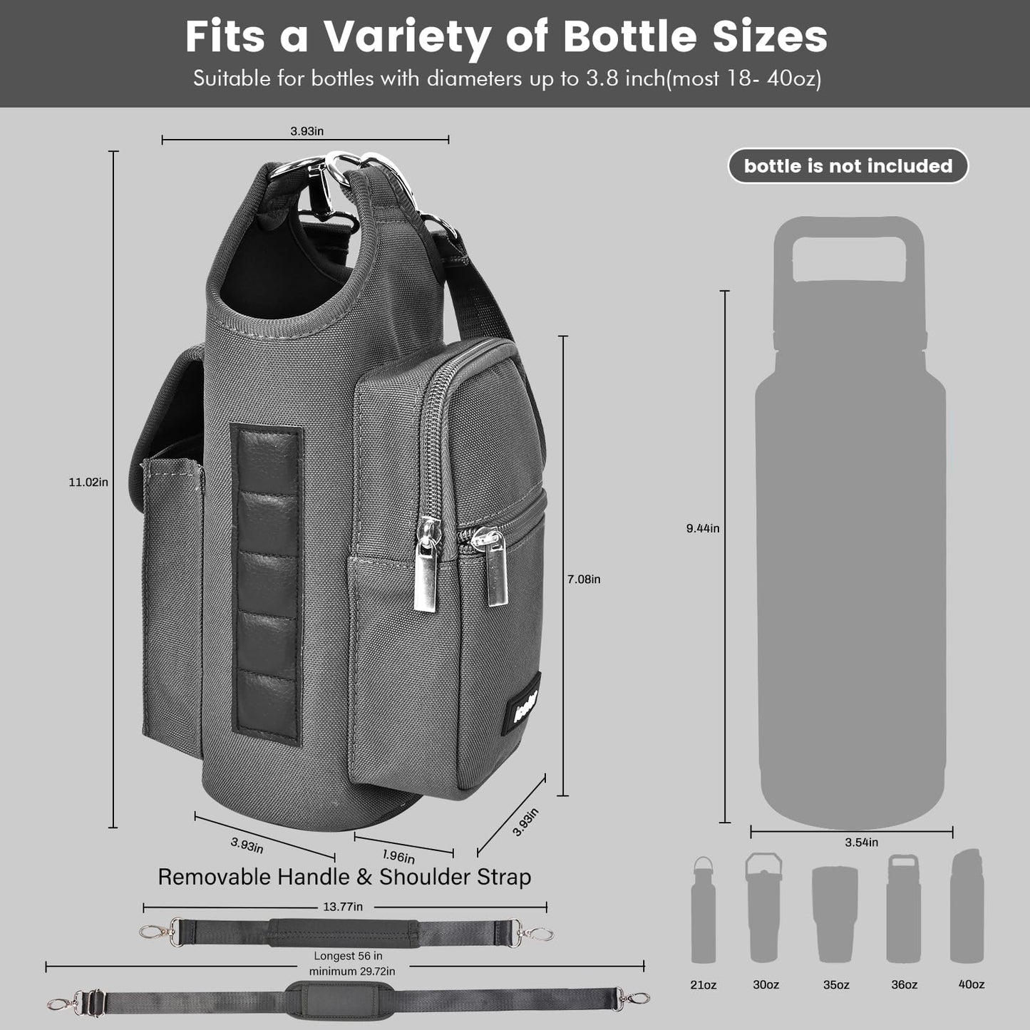icolor Magnetic Gym Bag Water Bottle Carrier Holder with Phone Pockets & Strap,Nylon Gym Magnetic Bag 5 Built-in Magnets Gym Accessories Organizer Bottle Pouch Sleeve for Men Women (Light Gray)