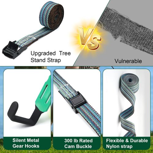 HNJXCAQYQ Tree Stand Strap Bow Hangers - Comes with 3 Metal Gear Hooks and 1bow Hanger Archery, for Tree Stand Platform Saddle Hunting Accessories-No Plastic Parts，Storage Bag Included