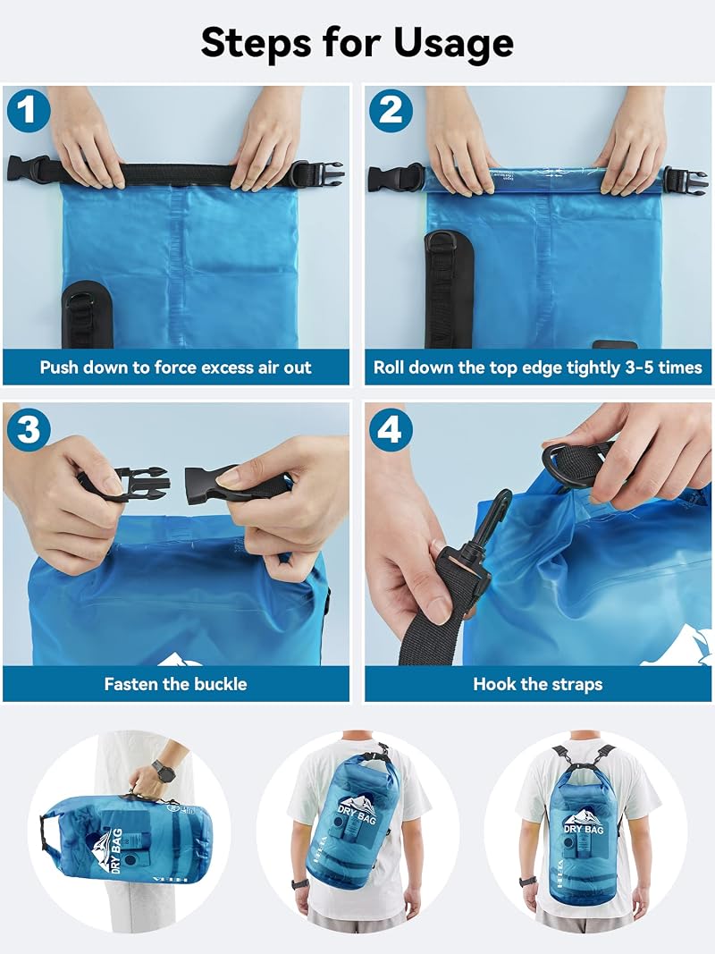 HEETA Dry Bag Waterproof Backpack 5L-40L with Blue 20L - Touchscreen Phone Case Included