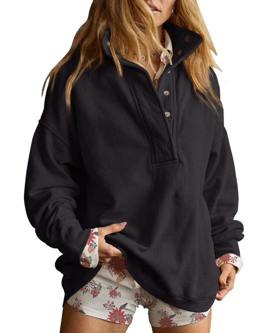 Gacaky Sweatshirt for Women Oversized Casual Long Sleeve Button Henley Neck Pullover Tops Fashion Outfits Clothes Black Large