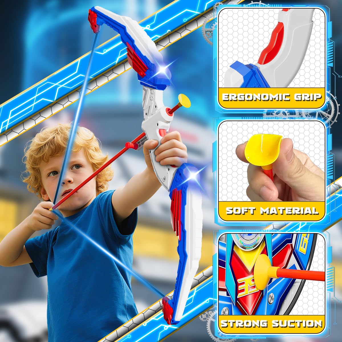 MLDKA Kids Bow and Arrow Set, LED Light Up Archery Toy Set with Suction Cup Arrows, Standing Target & Quiver, Indoor and Outdoor Toys Sport Gifts for Kids, Boys & Girls Ages 4 5 6 7 8 9 10 11 12