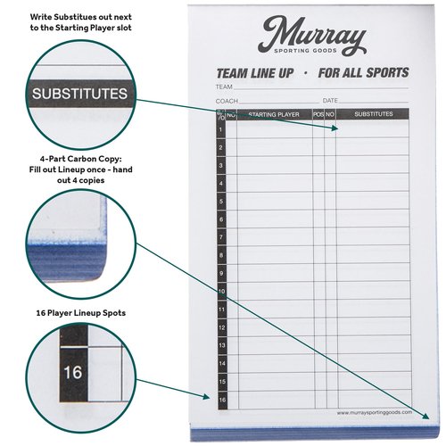 Murray Sporting Goods Baseball/Softball Lineup Cards - 30 Games with 16 Player Roster Lineup Sheet (4-Part Carbon Copies)
