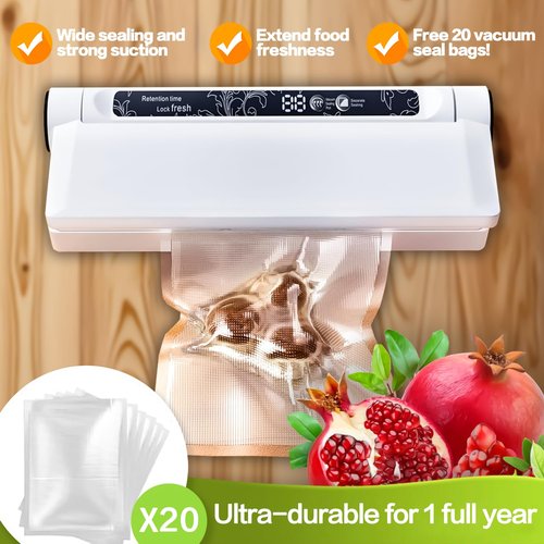 Portable Vacuum Sealer Machine for Food Storage, 75KPA Strong Suction, Dry/Wet Modes with One-Touch Seal, Includes 20 Bags & Digital Timer, Compact for Home Kitchen, Camping, Travel