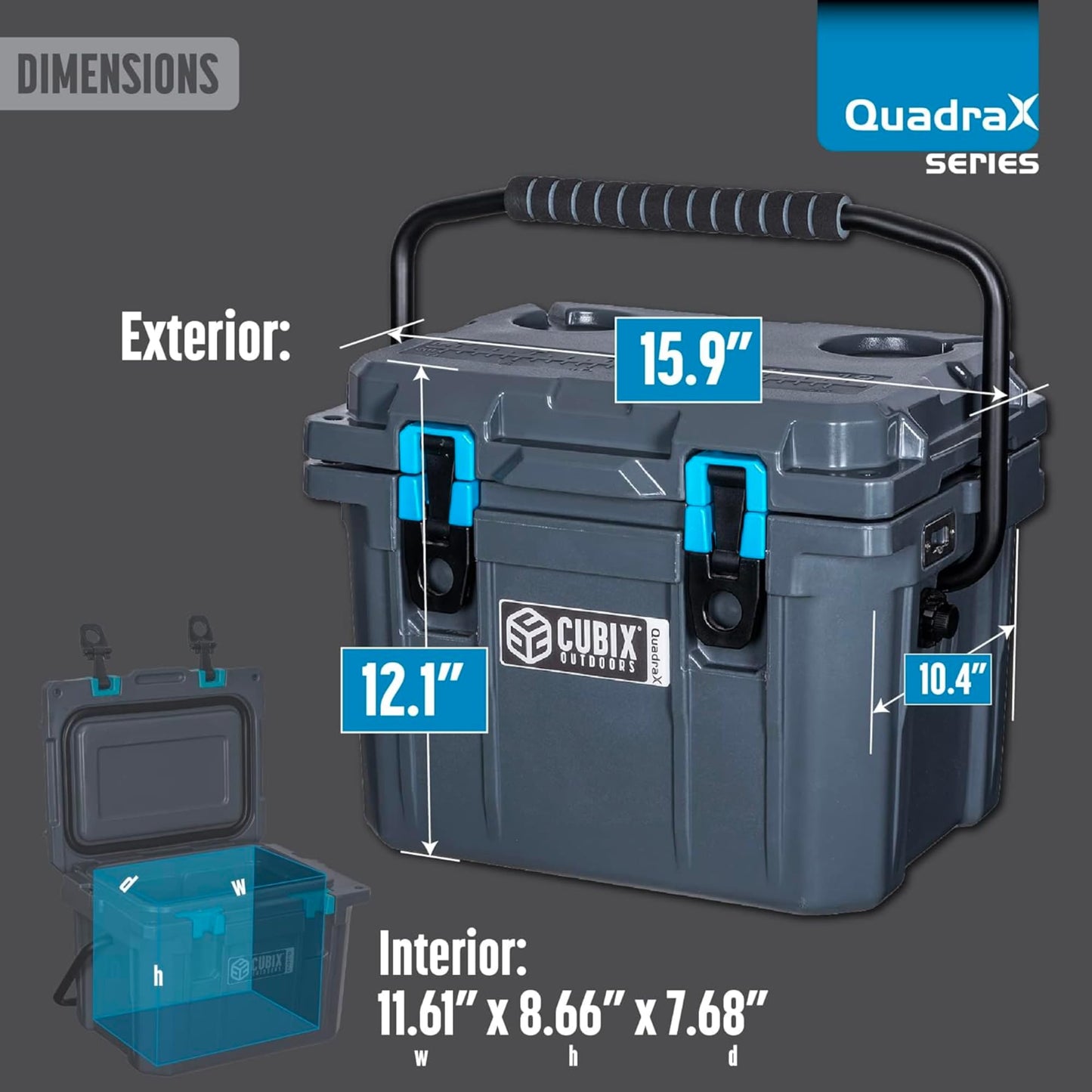 Cubix Outdoors, QuadraX 10QT Rotomolded Personal Small Cooler, Insulated Portable Hard Cooler Ice Chest, Holds Ice for 72 Hours for Outdoor Activities, 2 Built-in Cup Holders, Granite Grey