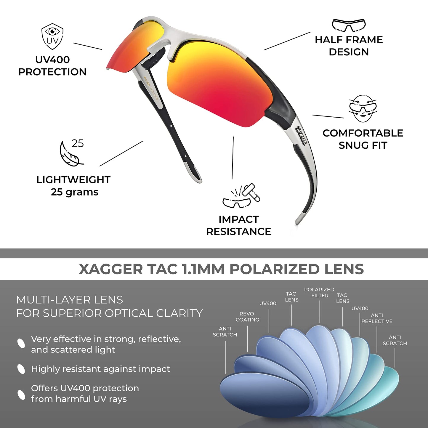 Xagger Polarized Sports Sunglasses for Men Women UV400 Wrap Around Baseball Running Cycling Fishing Golf Glasses