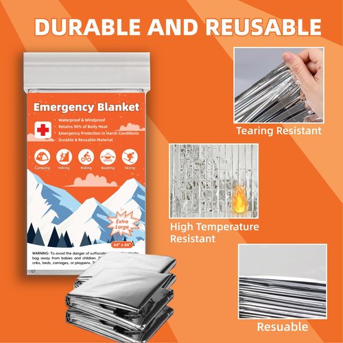 Phafaloop 6 Pack Emergency Thermal Blanket Survival, 84” x 64” Extra Large Mylar Blankets for Outdoor, Space Blanket, Silver Foil for Survival, Survival Kit Camping Blankets, Body Warmer, Hiking