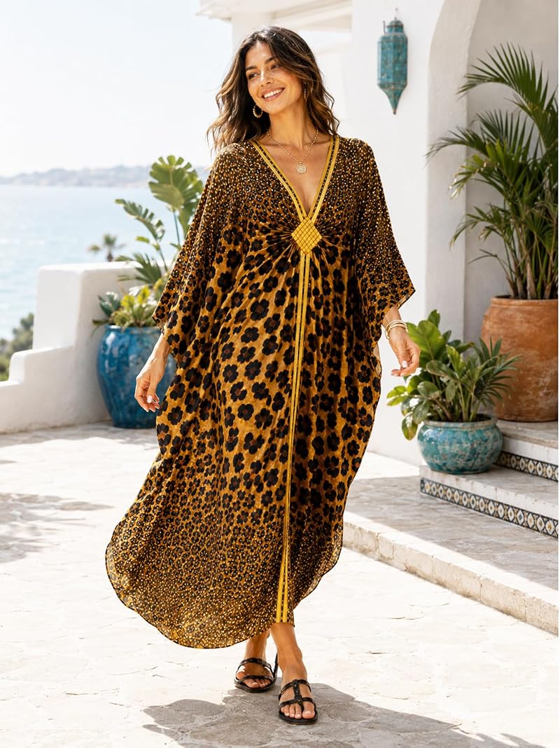 Plus Size Kaftan Dress for Women with Batwing Sleeves – Gradient Leopard Print