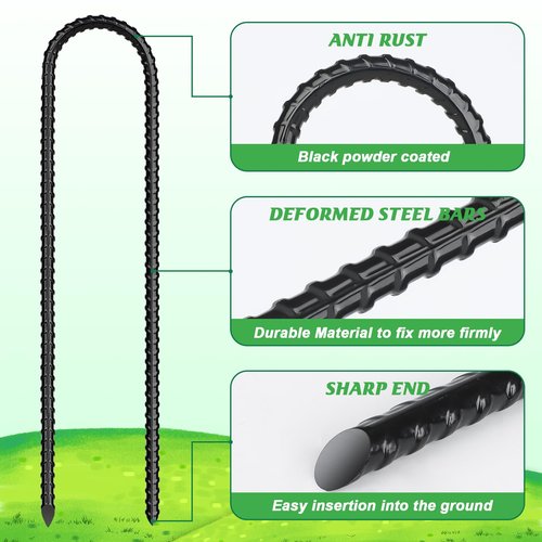 Gtongoko 12 Pack Trampoline Stakes Anchors High Wind, 12 Inch Ground Anchors Heavy Duty, Trampoline Tie Down Anchor Kit, Ground Stakes Galvanized Steel, U Shaped, Black