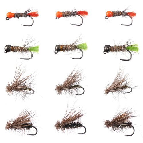 BASSDASH Trout Fly Fishing Flies Tenkara Wet Dry Flies Nymphs Sakasa Kebari 12pcs Assortment Barbless Barbed Hooks