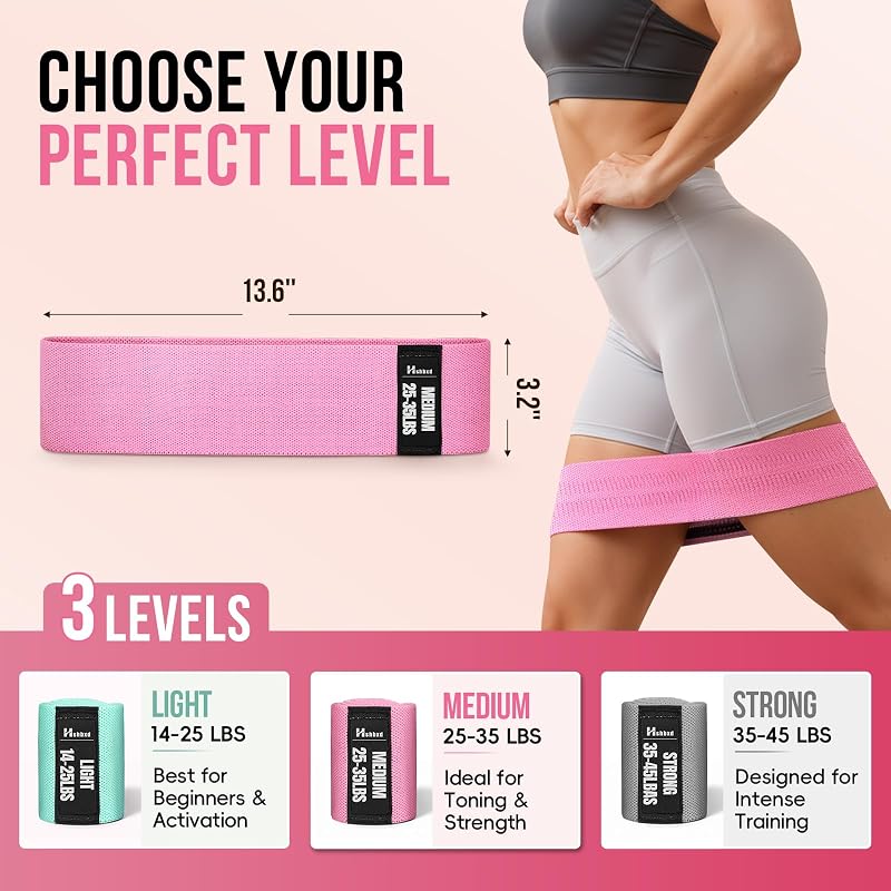 Fabric Resistance Band Set (Gray Pink Green 14–45 lbs) with Exercise Guide – 3 Levels