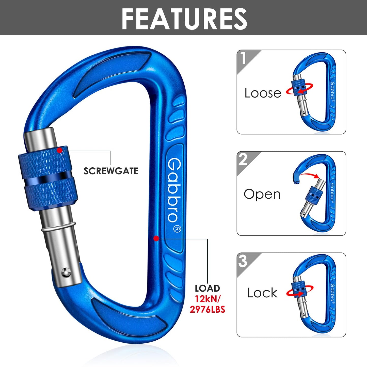 Gabbro Carabiner Clips Heavy Duty 12kN (2697 lbs), Wiregate Aluminum Lightweight Caribeener for Hammock, Hiking, Camping, Water Bottle, Dog Leash Harness, Keychains