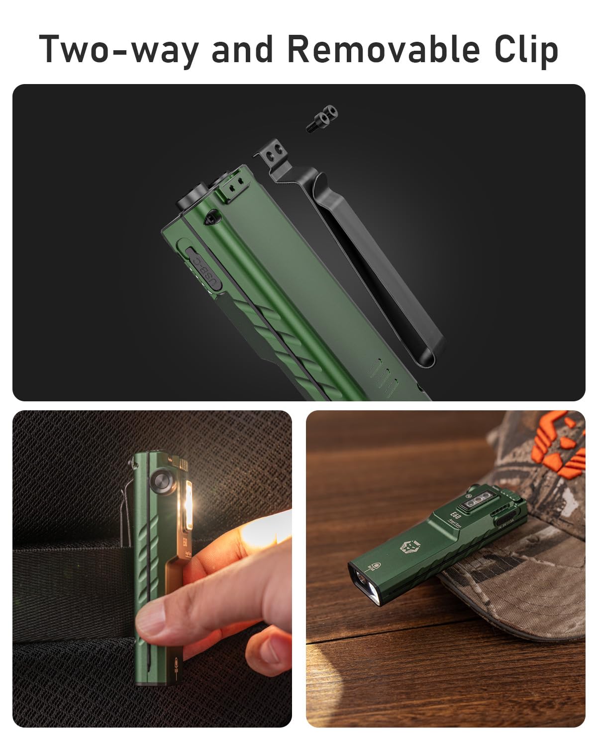 RovyVon E60 1500 Lumens Flat EDC Flashlight, 3 in 1 Green UV White Combo Compact Pocket Light, USB C Rechargeable with UV Red White Sidelight for Hiking,Traveling, Signaling, Camping