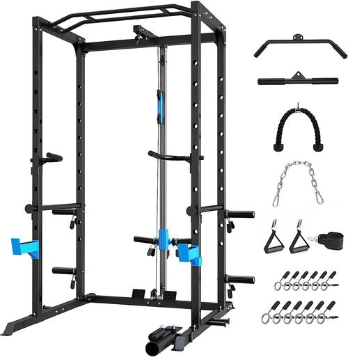 ULTRA FUEGO Power Cage, Multi-Functional Power Rack with J-Hooks, Dip Handles, Landmine Attachment and Optional Cable Pulley System for Home Gym (Power Cage with Pulley System)