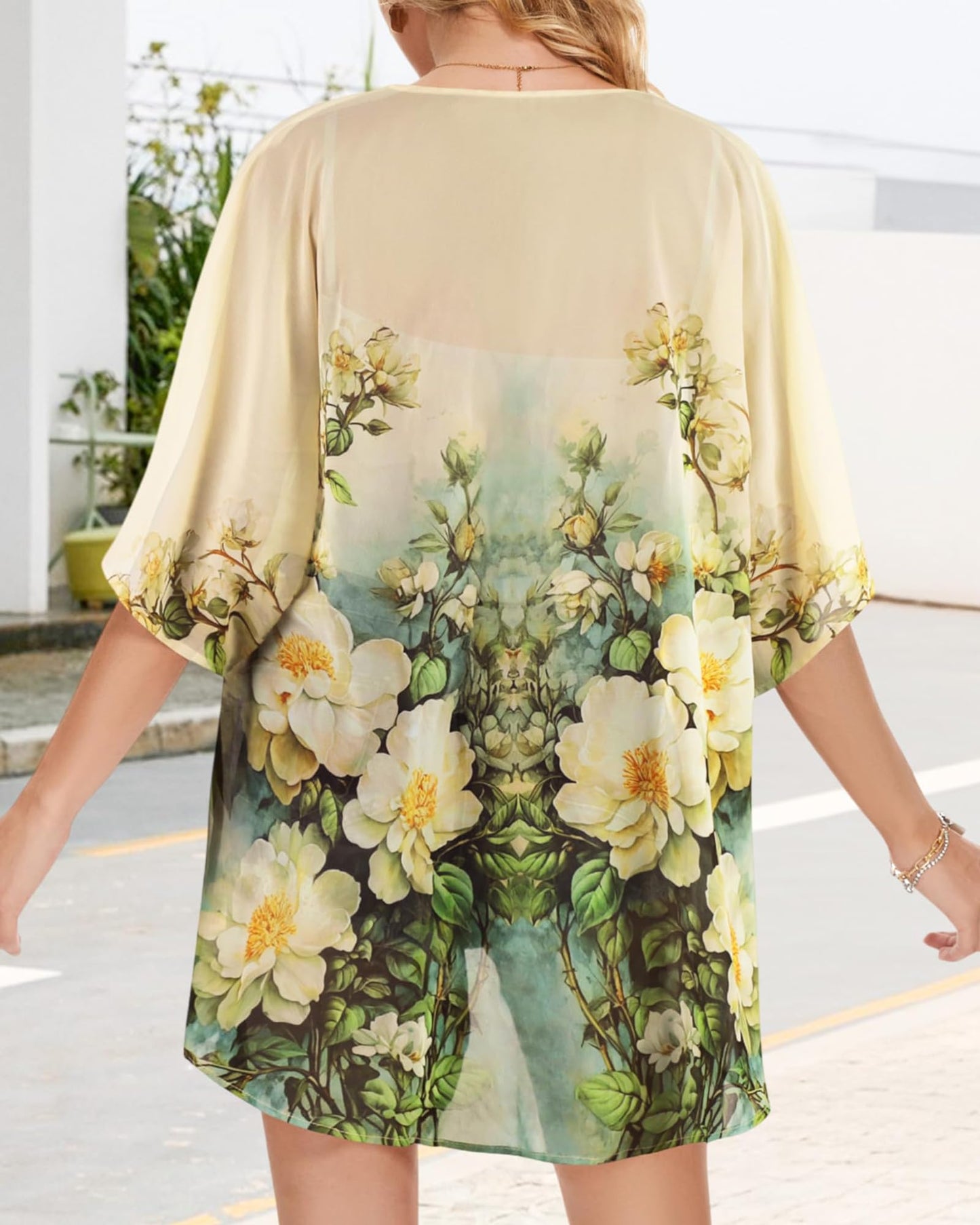 Women's Floral Print Puff Sleeve Kimono Cardigan Loose Cover Up Casual Blouse Tops(Beige White Floral,M)