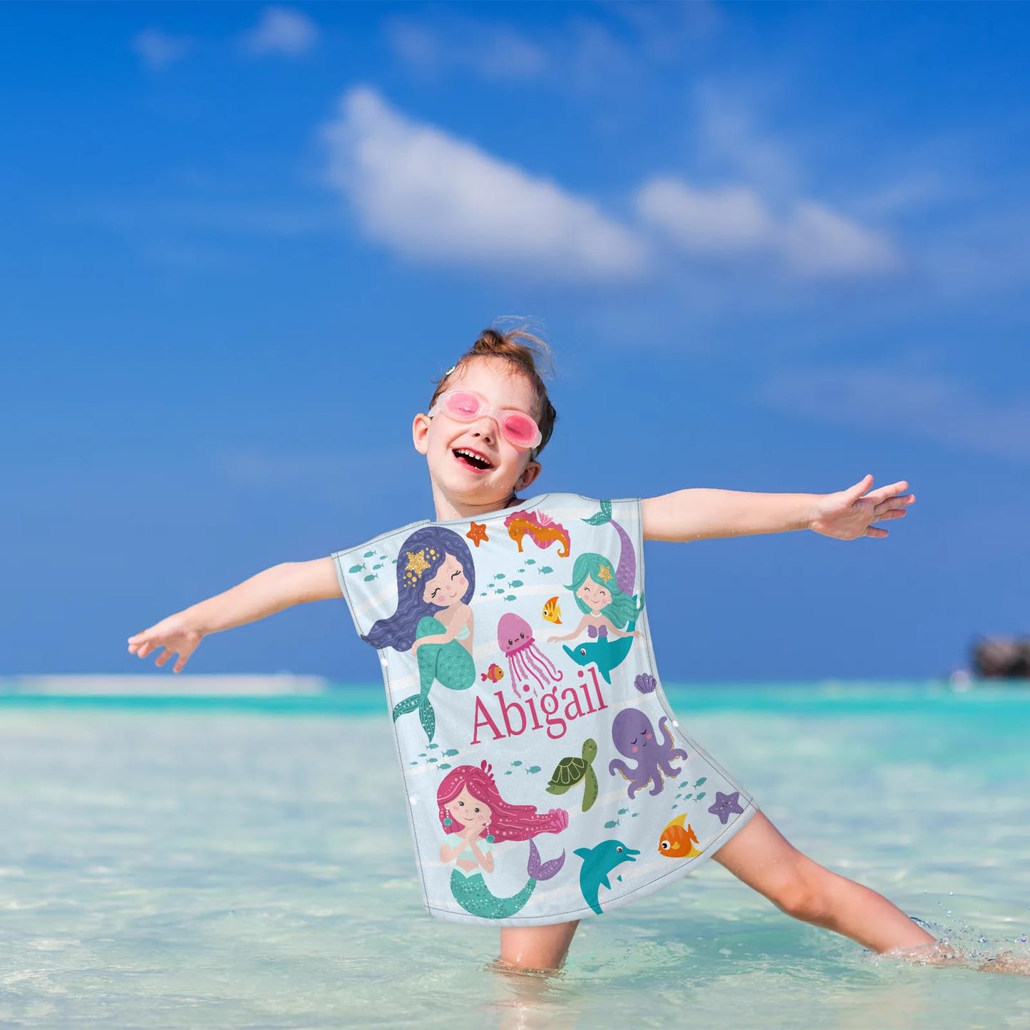Personalized Mermaid Hooded Beach Towels for Toddlers, Customized Hooded Bath Towel for Girls Kids with Name, Baby Poncho, Custom Microfiber Soft Towels 1-6 Years with Hood Robe for Pool Swimming