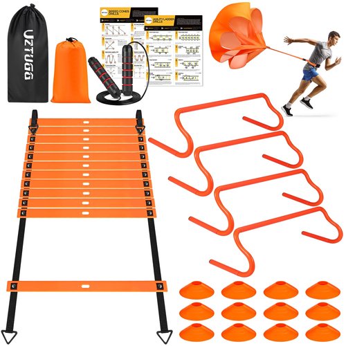 UZTUGG Soccer Training Equipment, Speed Agility Training Equipment for Kids Youth Adults, 20ft Agility Ladder, 4 Hurdles, Jump Rope, 12 Soccer Cones, Running Parachute, Football Training Equipment