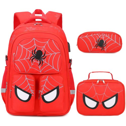 Jafeton School Backpack for Boys, 3 PCS Spider Boy Backpack Set with Lunch Box & Pencil Pouch, Waterproof Schoolbag for Boys Kids Children Teens, Elementary Middle School, Kids Bookbag Casual Daypack