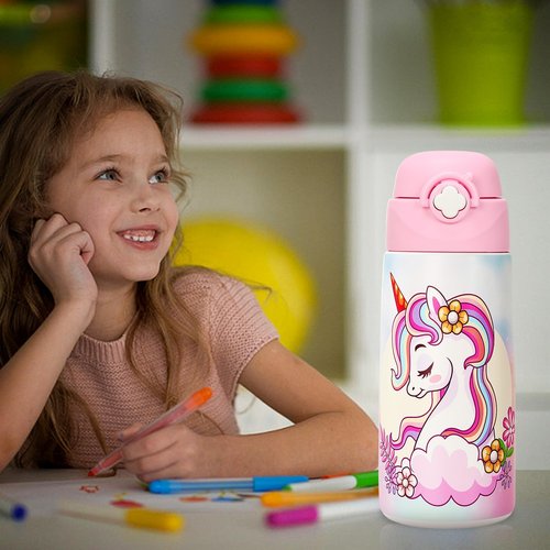 Ntswasd Girls Insulated Water Bottle with Covered Pop-Up Straw,16 oz Kids Cups with Stainless Steel Leak Proof for School Pink（Unicorn）