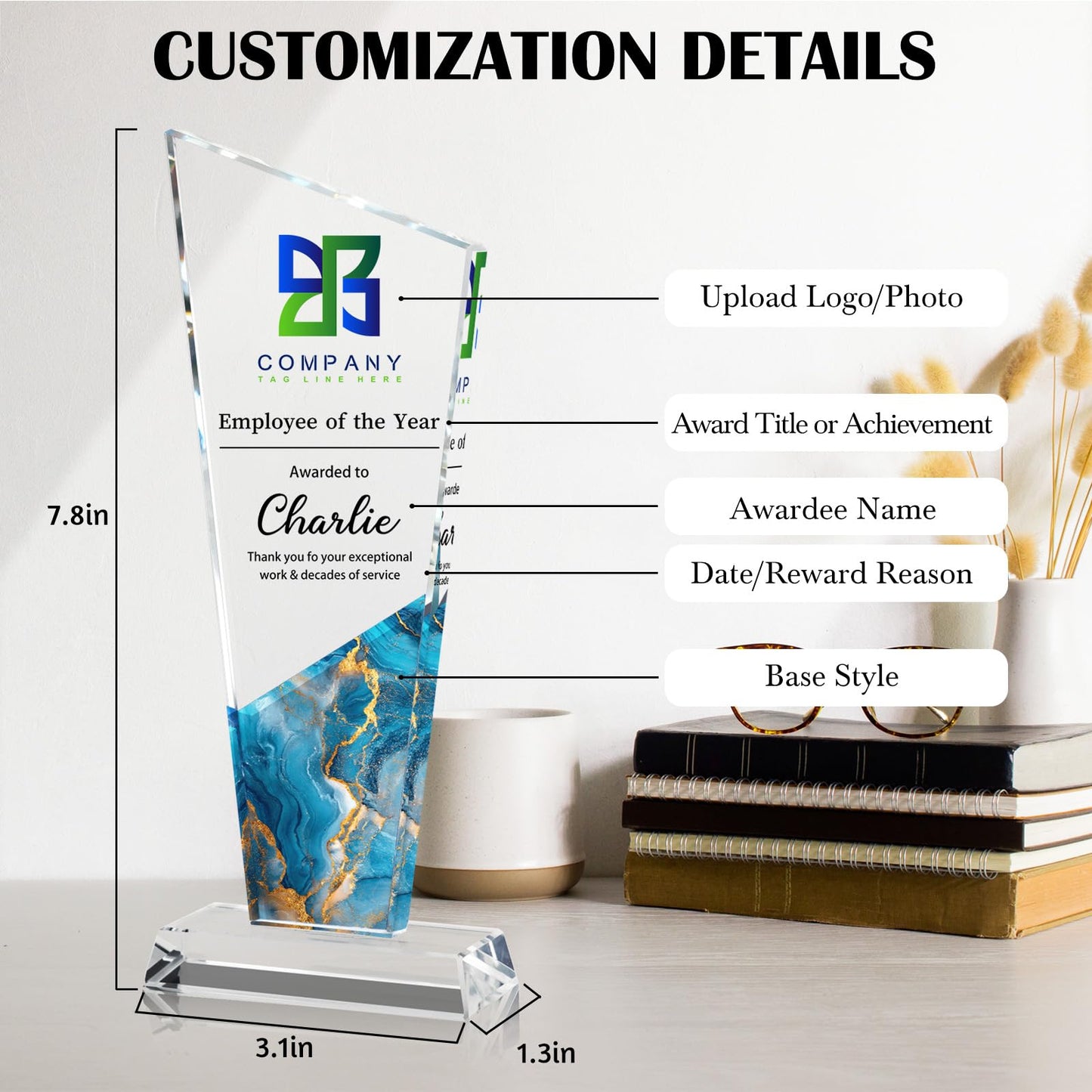 Pozetazas Custom Crystal Trophy Award, Personalized Awards and Trophies with Text Logo Photo, Employee Appreciation Gifts, Retirement Farewell, Thank You Gifts