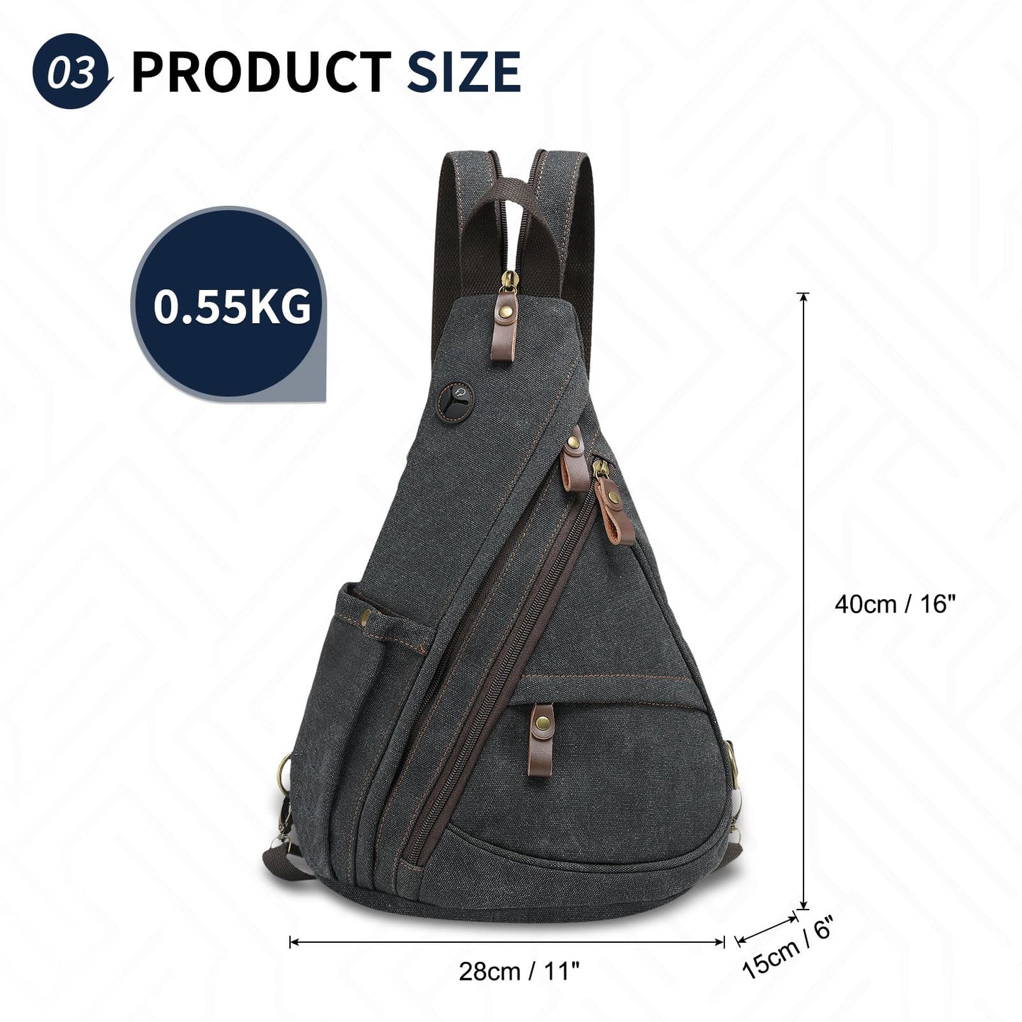 SUIKIHUM Vintage Canvas Sling Bag with Genuine Leather Zipper, 3 in 1 Crossbody, Backpack, and Chest Bag, for Travel, Hiking, 16x10x6 Inches, Black