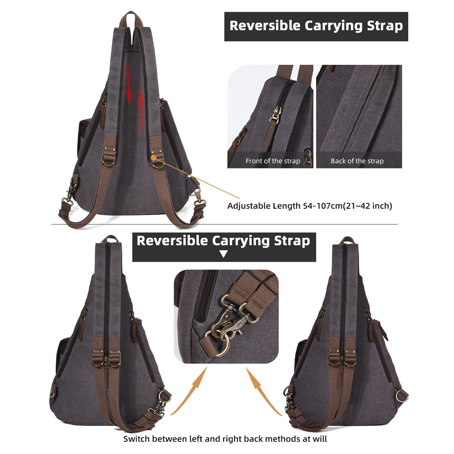 KL928 Canvas Sling Bag - Casual Crossbody Shoulder Daypack Rucksack Backpack for Men Women, Dark Grey