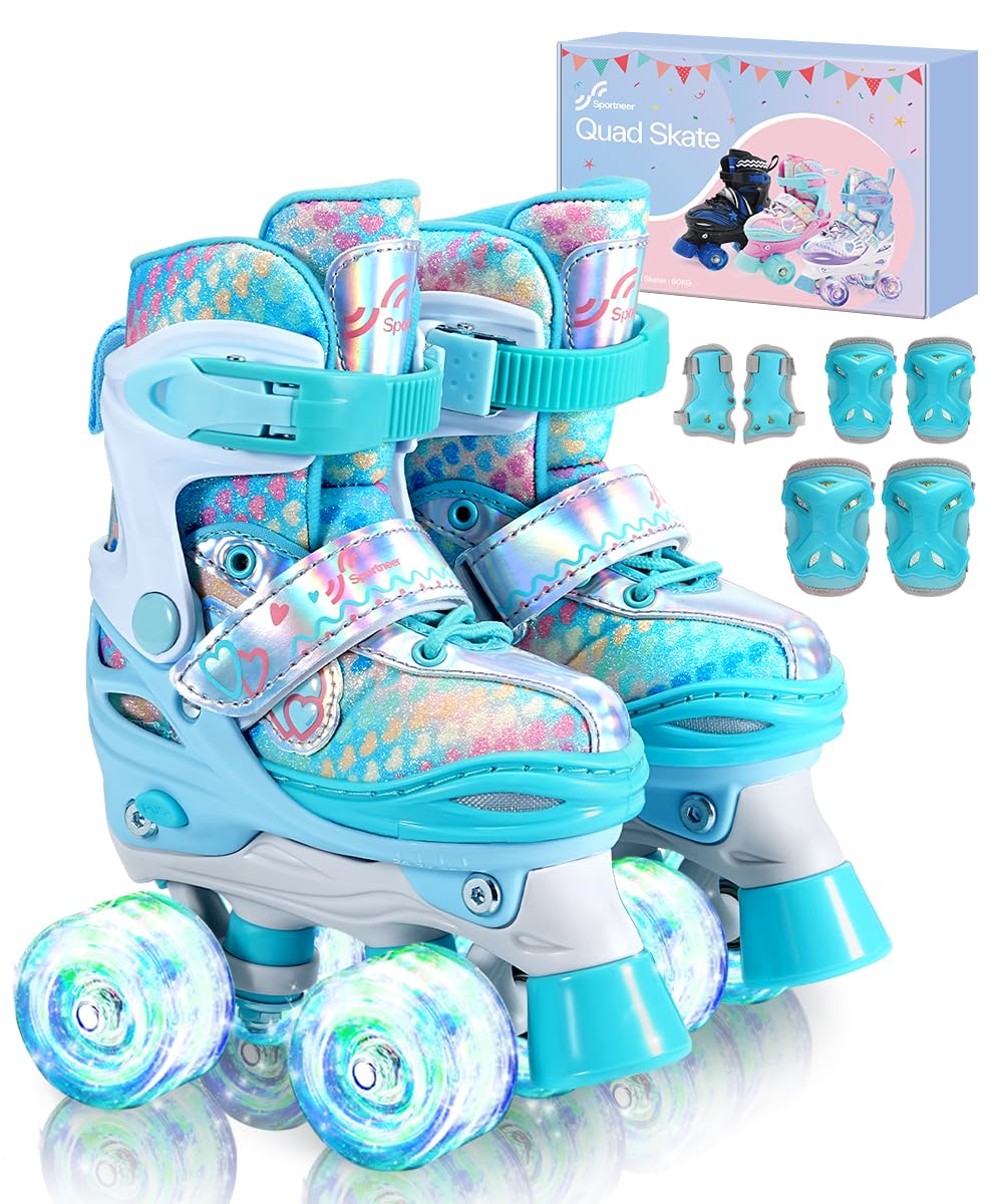 Sportneer Adjustable Kids Roller Skates with Light Up Wheels, 4 Sizes Fit for Girls Boys Ages 5–12, Fun Outdoor Indoor Quad Skates for Beginners, Safe Gift Set with Protective Gear Included