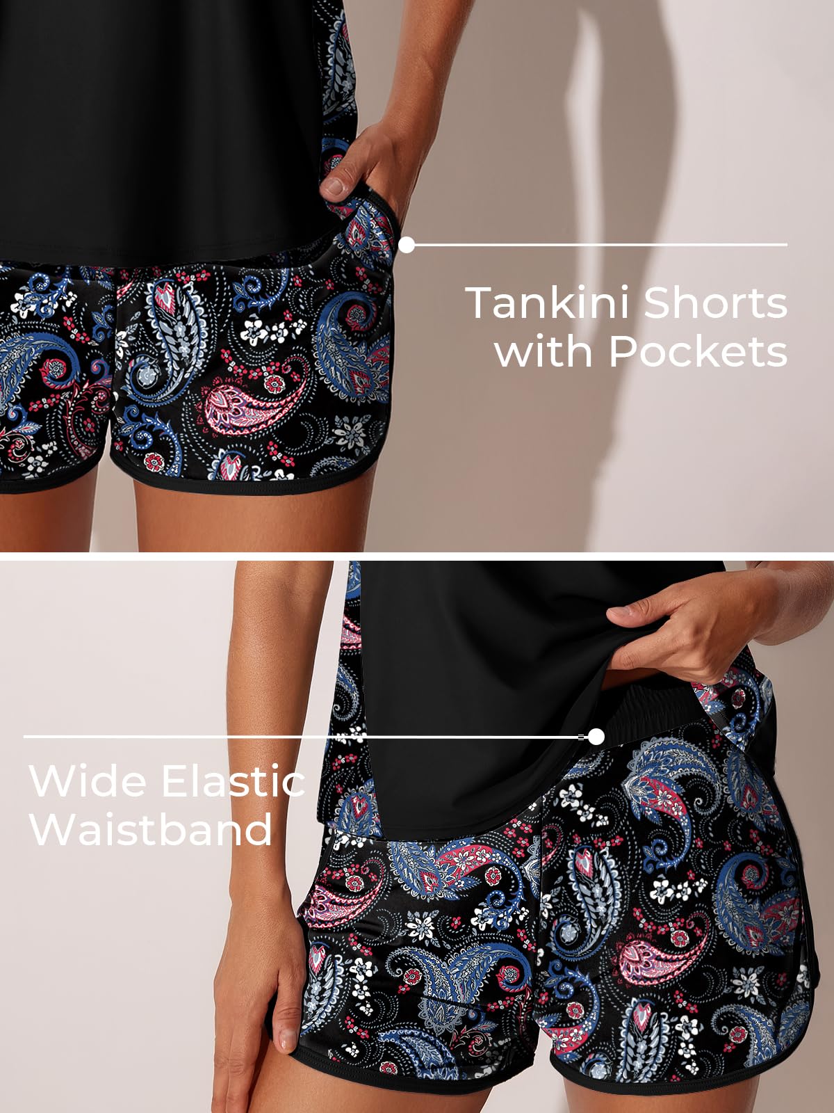 Summer Mae Plus Size Tankini Swimsuits for Women 2026 Tummy Control Two Piece Bathing Suits with Pockets Swim Shorts Black Paisley Size 20 Plus