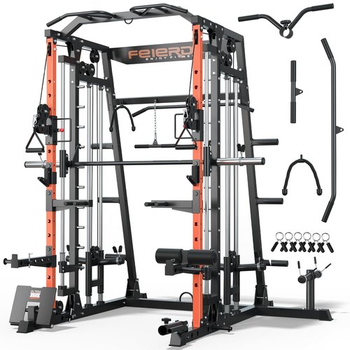 FEIERDUN Smith Machine Deadlift Power Cage FOR01,2200lbs Squat Rack for Home Gym,Dual LAT Pull Down & Cable Crossover Machine with Leg Hold-Down Attachment