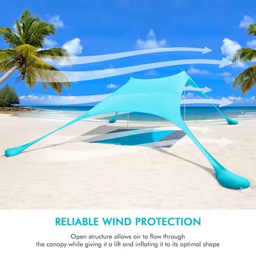 Oasis Cove Beach Tent Sun Shelter, 10 x 10 FT Beach Canopy Tent Sun Shade with 4 Sandbags, 2 Poles,Elastic Cords, Sand Shovel + 4 Ground Pegs UPF50+ Beach Shade Canopy for Outdoor Camping, Fishing