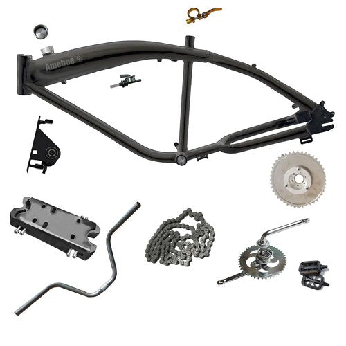 Fuel Tank Bike Frame Kit Wheel Fork Kit with 26in 6 Mag Integrated Wheel, Banana Saddle, Tripple Tree Suspension Fork 3.4L Integrated Fuel Tank for 2/4 Stroke Bike Mini-Engine (Black Mid-Frame)