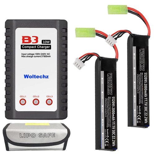 Woltechz Lipo Battery 2-Pack 11.1V Airsoft Battery 2000mAh 30C Rechargeable Battery with Mini Tamiya Connector for Airsoft Guns Airsoft Rifle