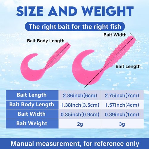 Eupheng Curly-Tail Swimbait Fishing Lure, Grub Saltwater Fishing Soft Bait Trailer, 2.3in/6cm, 2.7in/7cm Pack of 100PCS, for Bass Crappie Fishing