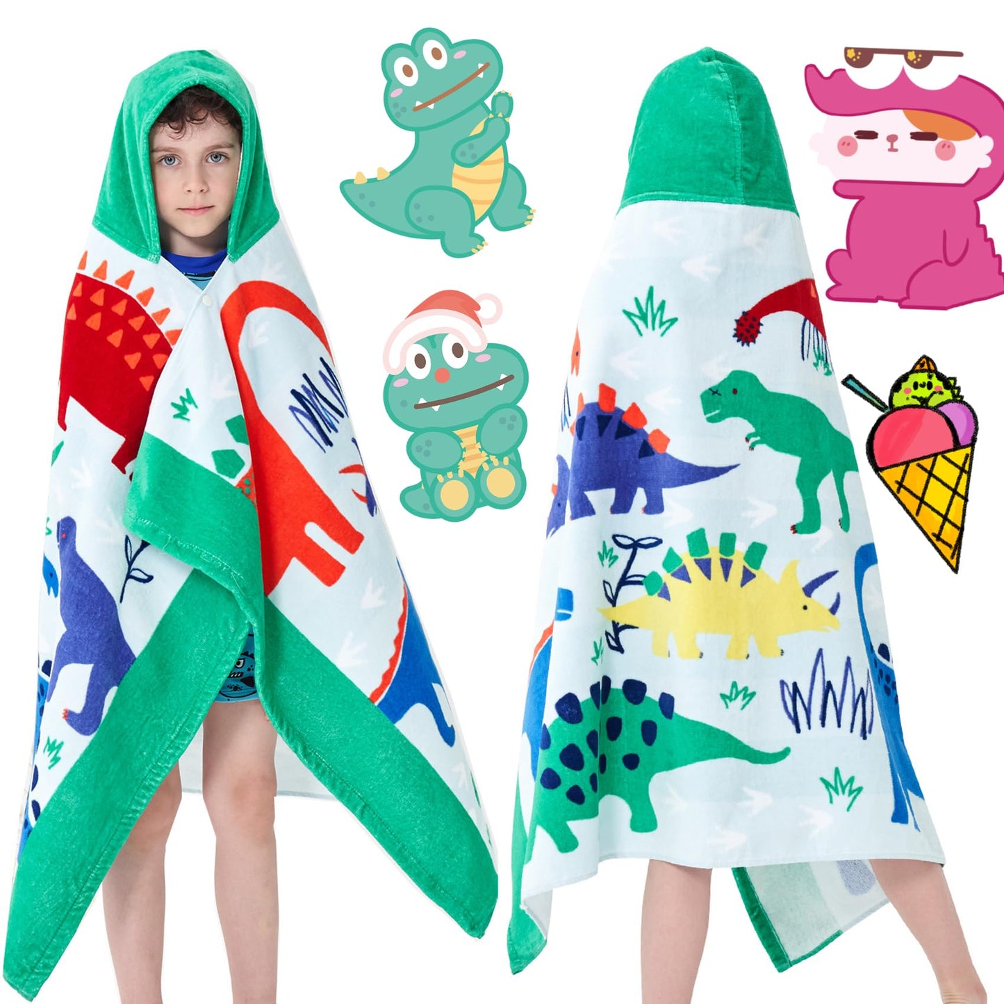 Bavilk Kids Bath Towels, Kids Towel Girls Boys Hooded Beach,Bathroom,Pool Swim Towels 30 × 50 INCH Large Size Ultra Absorbent Cute Cartoon Animal Full Vitality 100% Cotton Dinosaur Towel| Dino