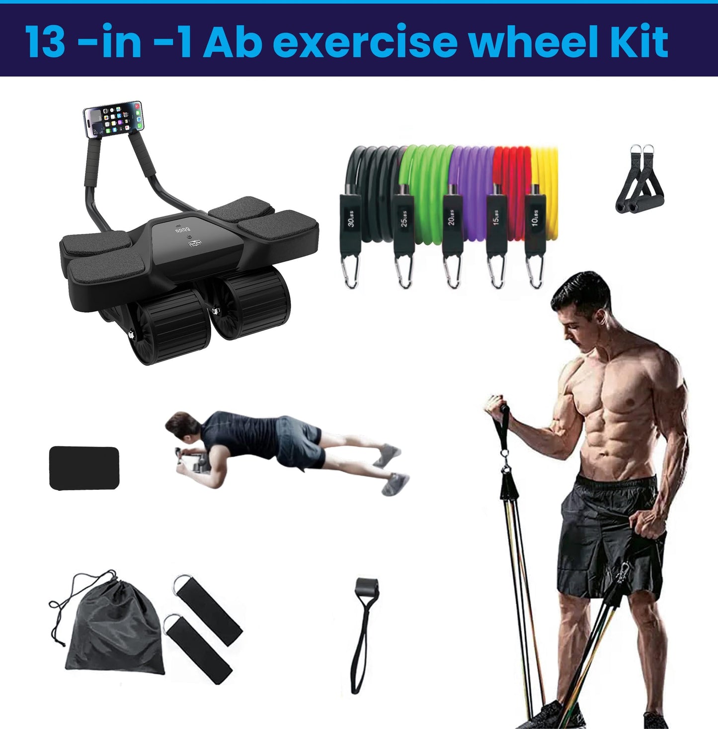 2025 New 4-Wheel Abdominal Roller with Elbow Support : Latest Upgraded High-Performance Exercise Machine With Automatic Rebound, Multi- layered Anti-Slip Design with Calorie Counting LCD Screen (Set of 13)