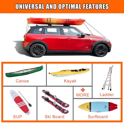 MeeFar Universal Car Soft Roof Rack Pads Luggage Carrier System for Kayak Surfboard SUP Canoe Include 2 Heavy Duty Tie Down Straps, 2 Tie Down Rope, 2 Quick Loop Strap and Storage Bag