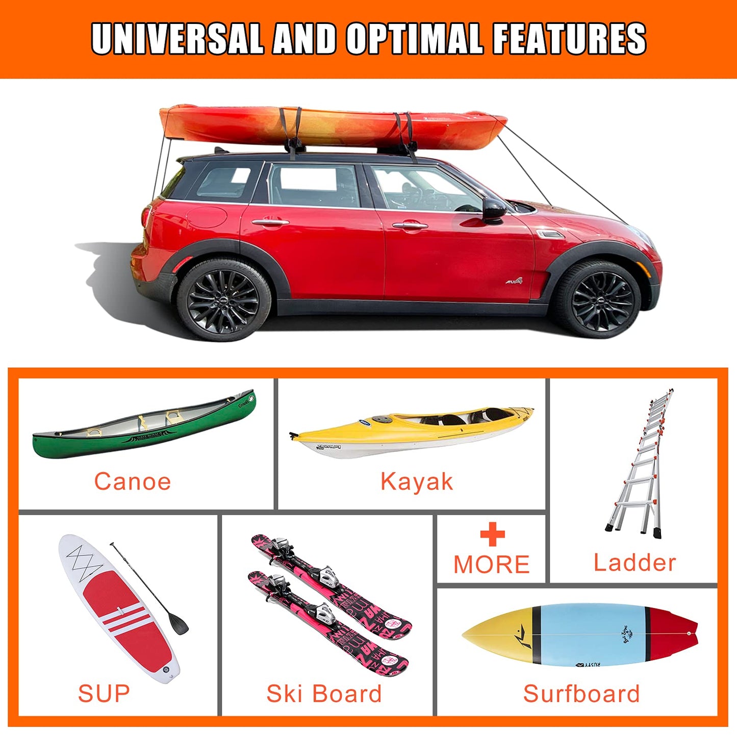 MeeFar Universal Car Soft Roof Rack Pads Luggage Carrier System for Kayak Surfboard SUP Canoe Include 2 Heavy Duty Tie Down Straps, 2 Tie Down Rope, 2 Quick Loop Strap and Storage Bag