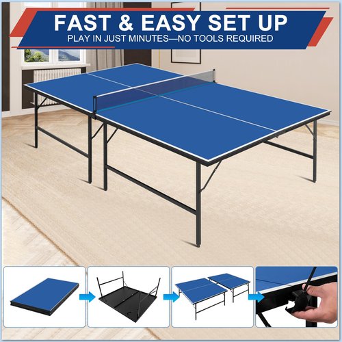 Ping Pong Table Set for Indoor, 9FT Foldable Table Tennis Table with Net, 2 Paddles, 2 Balls, Steel Outdoor Ping Pong Net Set & Frame, Multi Use Conference Table Dining Table