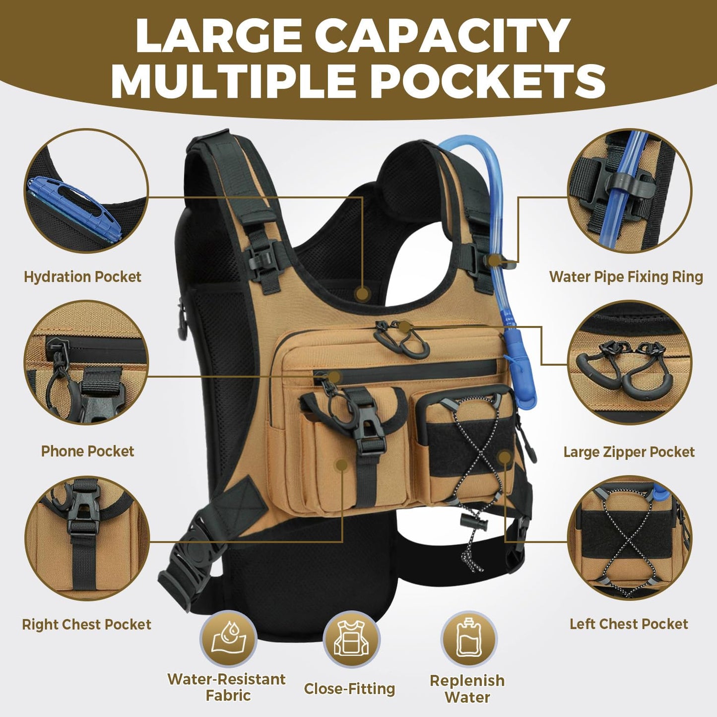 Criuage USA Patent Running Hydration Vest Backpack, Lightweight Chest Pack with 2.0L Water Bladder Bag Daypack for Hiking Running Cycling Race Marathon for Women Men (Khaki, Standard)