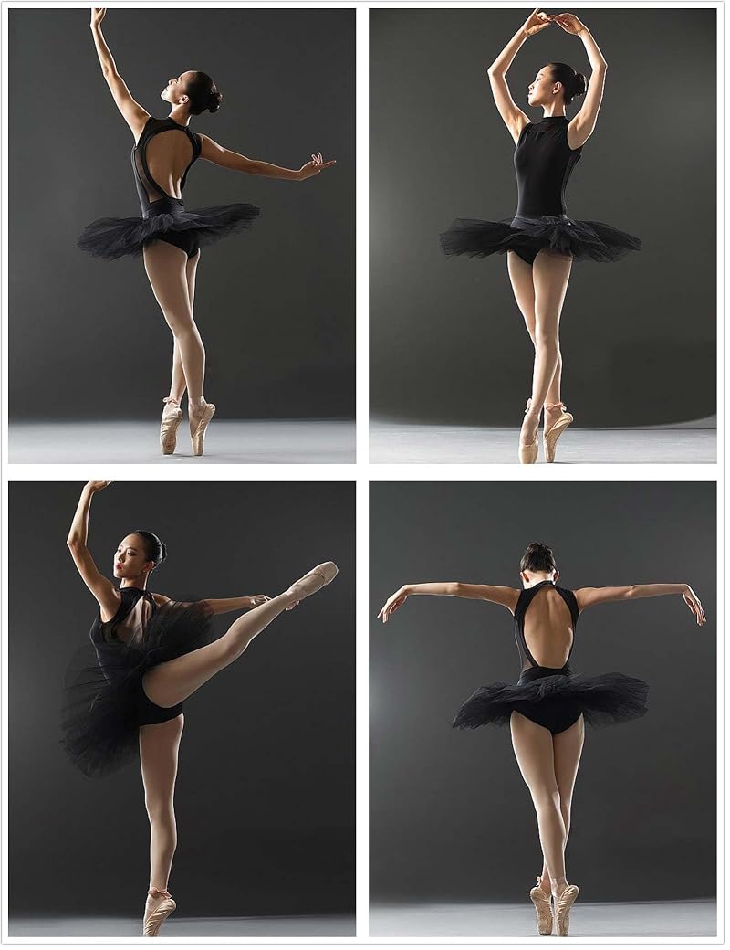Daydance Black Leotard for Girls Women Open Back Mesh Short Sleeve Ballet Dancewear - Variation: Black-Cotton Spandex+Medium
