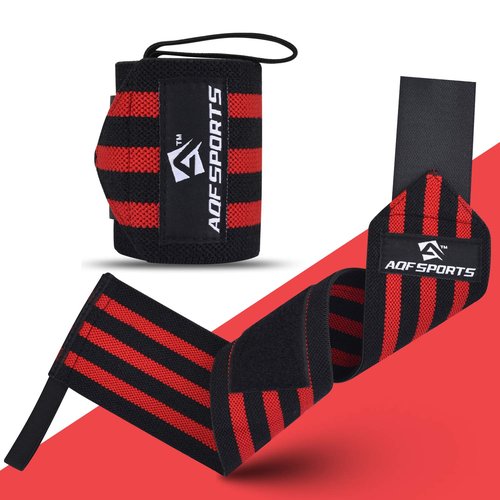 AQF Power Weight Lifting Wrist Wraps Supports with Thumb Loop for Gym Strength Training, Powerlifting, Bodybuilding and Deadlifts (Red & Black, 18")