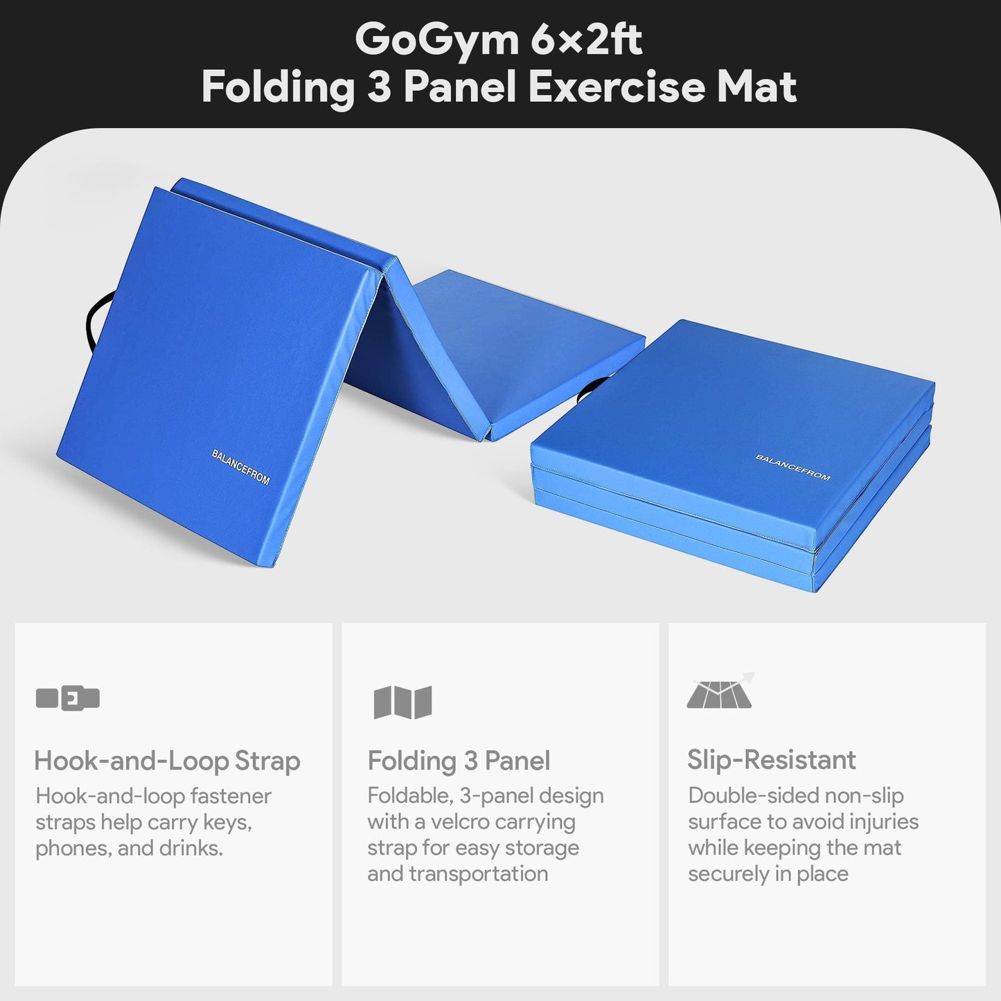 BalanceFrom 2-Pack 6x2 Feet 3-Panel Folding Gymnastics Mat, Blue – 2-Inch Thick Pad with Vinyl Surface and Carrying Handles for Tumbling, Yoga, Pilates, Home Workouts, and Martial Arts